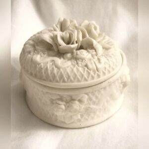 Vintage White Porcelain Bisque Hand Crafted Trinket Box - Roses